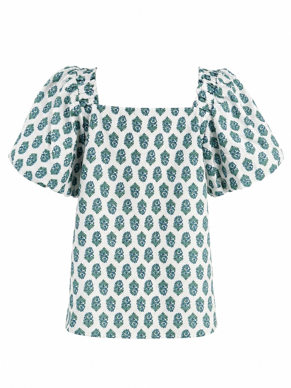 Square-Neck Puff Sleeve Top in Blue and Green - Picture 3 of 4